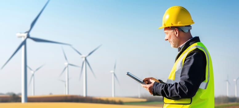 A professional engineer in safety gear uses a tablet to monitor the operational status of wind turbines in a field.