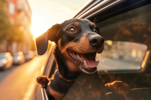 Joyful dachshund poking its head out of a car window during a golden hour ride.