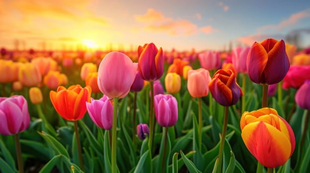 A Vibrant Field of Colorful Tulips. Generative AI.