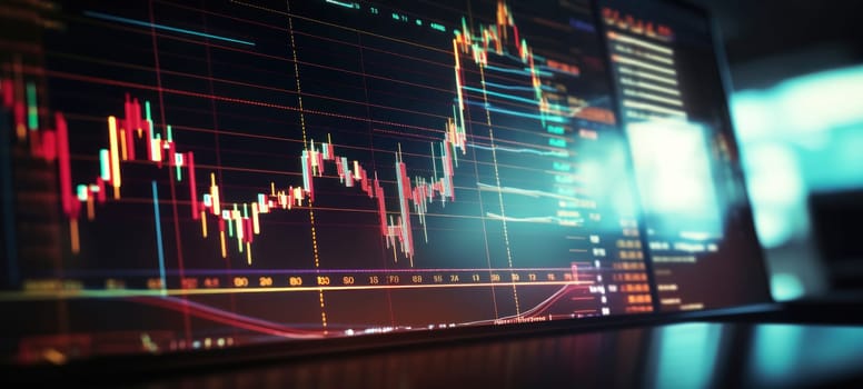 Digital display of financial market data with dynamic graphs and figures, showcasing the volatility and activity of stock exchanges.