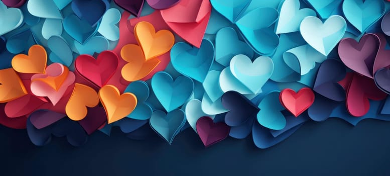 A creative array of multicolored paper hearts on a deep blue background, symbolizing love and diversity.