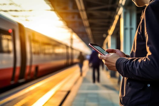 Focus Hand of human using mobile phone at railway station, AI Generative.