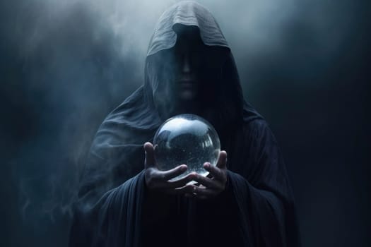 A cloaked figure with a hidden face holding a crystal ball amidst a misty backdrop, invoking a sense of mystery and foresight.