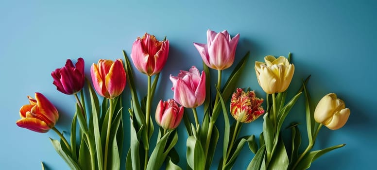 Assorted tulips in vibrant colors arranged against a calming blue backdrop, symbolizing spring.