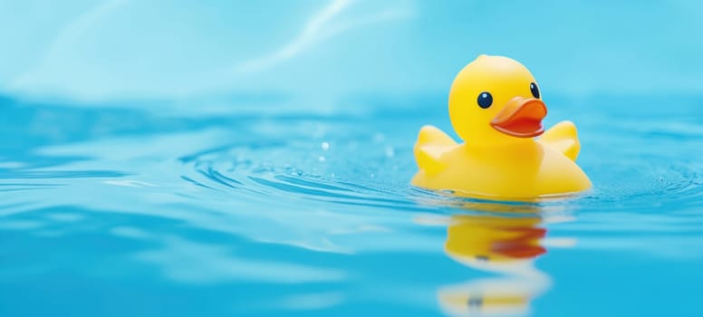 A classic yellow rubber duck toy cheerfully floats in crystal clear blue water with ripples around.