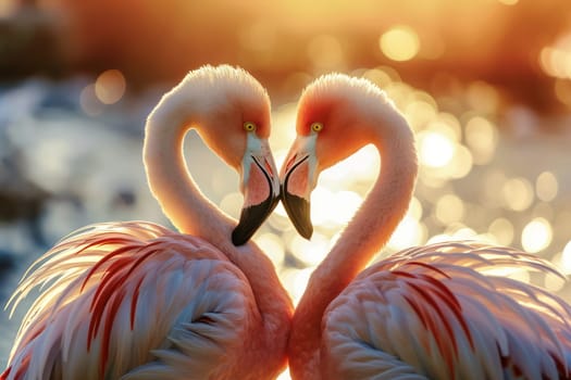 Two flamingos facing each other, heart shaped background. Generative AI.