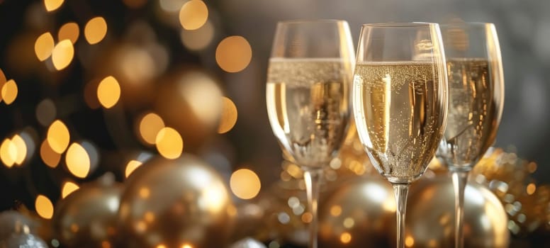 Close-up of sparkling champagne in elegant flutes with a warm bokeh of golden lights in the background.