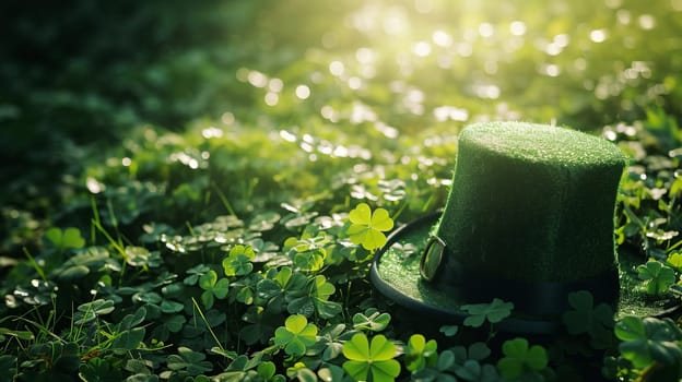 A green Leprechaun hat lies among the clover leaves in the forest. St. Patrick's Day. AI generated.