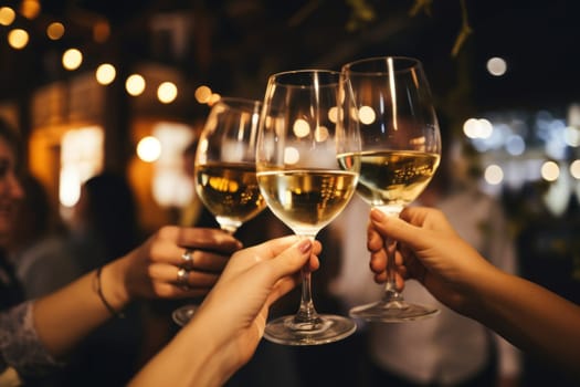 Close up of group of friends toasting with glasses of white wine at restaurant.