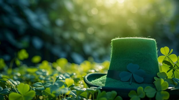 A green Leprechaun hat lies among the clover leaves in the forest. St. Patrick's Day. AI generated.