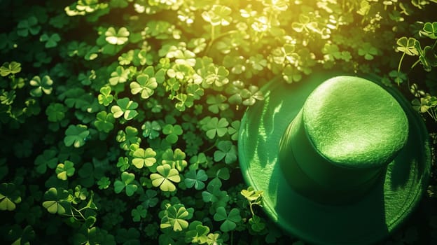 A green Leprechaun hat lies among the clover leaves in the forest. St. Patrick's Day. AI generated.