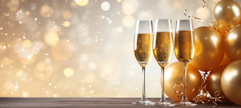 Festive champagne glasses with golden bubbles beside shiny balloons, perfect for celebrations.