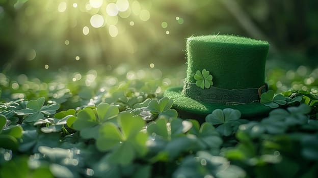 A green Leprechaun hat lies among the clover leaves in the forest. St. Patrick's Day. AI generated.