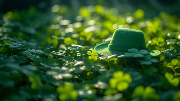 A green Leprechaun hat lies among the clover leaves in the forest. St. Patrick's Day. AI generated.