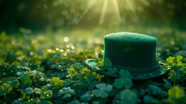 A green Leprechaun hat lies among the clover leaves in the forest. St. Patrick's Day. AI generated.