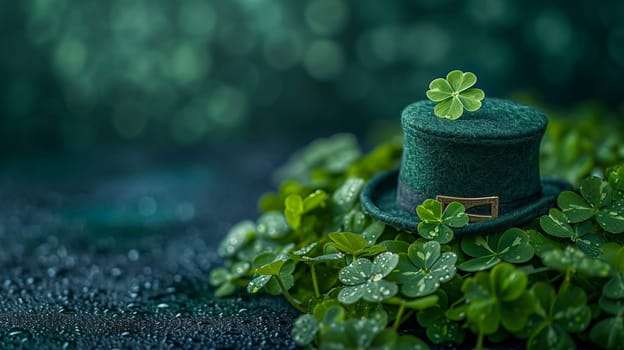 A green Leprechaun hat lies among the clover leaves in the forest. St. Patrick's Day. AI generated.