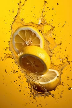 Vibrant lemon slices falling into water with a dynamic splash, captured against a bright yellow background.