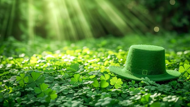 A green Leprechaun hat lies among the clover leaves in the forest. St. Patrick's Day. AI generated.