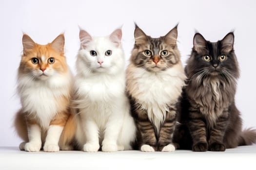 Four Maine Coon cats sitting side by side, displaying their fluffy fur, diverse colors, and attentive expressions.