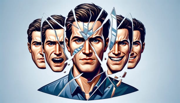 Artistic representation of a man's portrait shattered into multiple expressive fragments against a plain background.