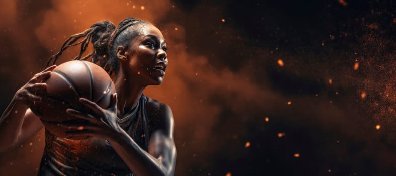 Intense focus of a female basketball player in mid-action, with dynamic sparks and a dramatic backdrop.