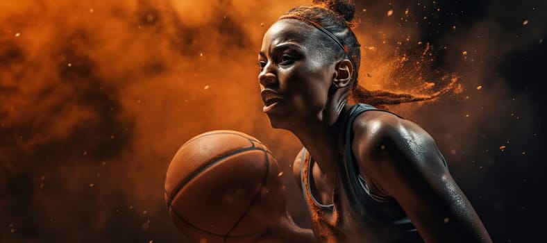 Intense focus of a female basketball player in mid-action, with dynamic sparks and a dramatic backdrop.