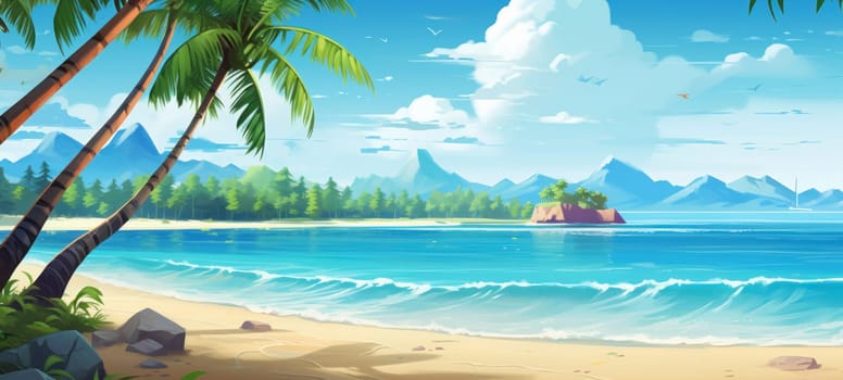 Illustration of a serene tropical beach with palm trees, crystal blue water, and distant mountains, ideal for relaxation.