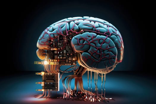 Conceptual illustration of a human brain connected to electronic microchips