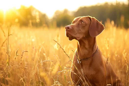 Vizsla dog standing in a field of tall grass during golden hour, with warm sunlight. Generative AI.