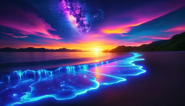 A stunning sunset beach scene with glowing bioluminescent waves under a majestic galaxy sky, blending nature with the cosmos.