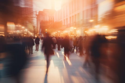 Crowd on street in bright lens flare Abstract blur.