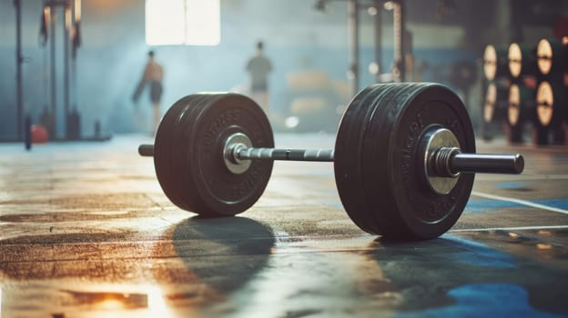 Barbells on the floor in the gym, rim light, people on the blur background. Generative AI.