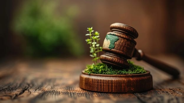 Gavel and green eco Earth globe, international law and green energy concept. Generative AI.