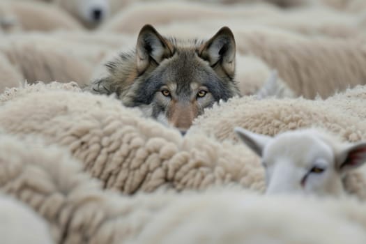 A hungry wolf hides among a flock of sheep. Generative AI.