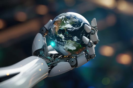 Mechanical robot hand gripping a globe, futuristic technology background. Generative AI.