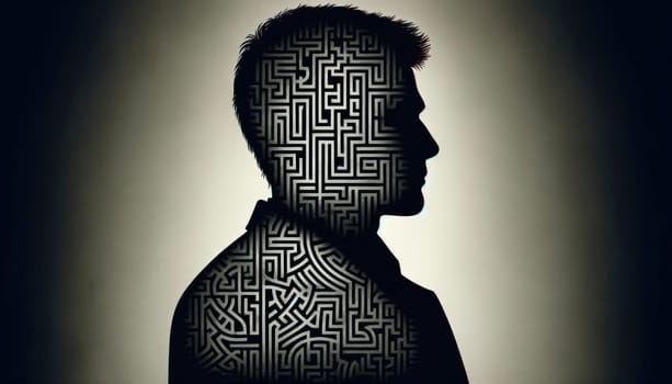 Conceptual image of a person's silhouette with a labyrinth patterned overlay representing complex thoughts and mental puzzles.