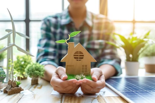 Architect designer hold small wooden house symbol while thinking about home design. Generative AI.