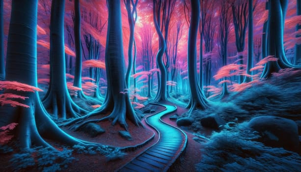 Surreal infrared photography of a mystical forest with a winding path, accentuating the ethereal beauty of nature.