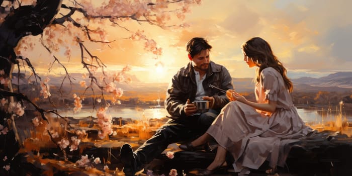 Couple in love on a white plaid take a picnic against the backdrop of a sunset in the mountains. Romantic time. Beautiful couple is enjoying picnic time at sunset. Copy space.