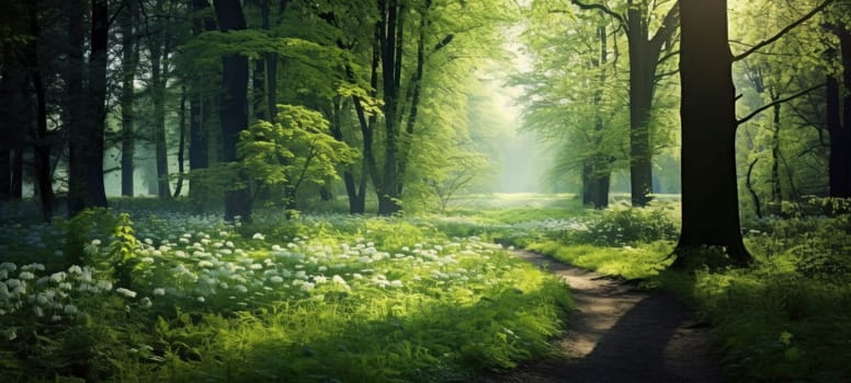 A sunlit forest with beams of light piercing through the canopy, illuminating the lush green moss and delicate white flowers.