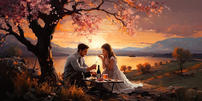 Couple in love on a white plaid take a picnic against the backdrop of a sunset in the mountains. Romantic time. Beautiful couple is enjoying picnic time at sunset. Copy space.