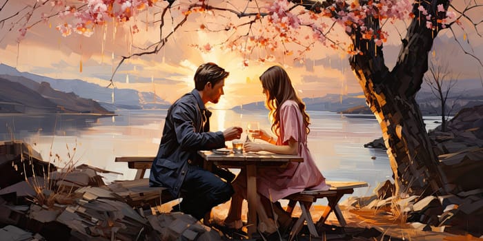 Couple in love on a white plaid take a picnic against the backdrop of a sunset in the mountains. Romantic time. Beautiful couple is enjoying picnic time at sunset. Copy space.