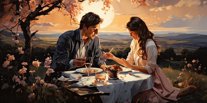 Couple in love on a white plaid take a picnic against the backdrop of a sunset in the mountains. Romantic time. Beautiful couple is enjoying picnic time at sunset. Copy space.