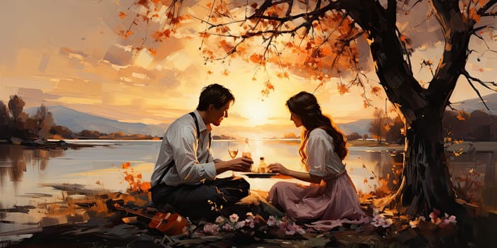 Couple in love on a white plaid take a picnic against the backdrop of a sunset in the mountains. Romantic time. Beautiful couple is enjoying picnic time at sunset. Copy space.