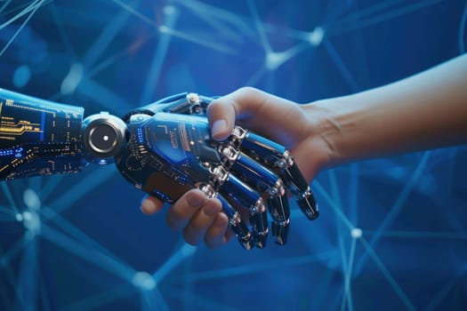 A handshake between a robot hand and a human hand, Technologies AI concept. Generative AI.