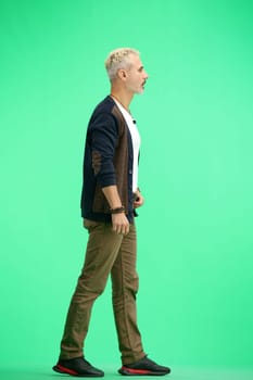 A man, full-length, on a green background.