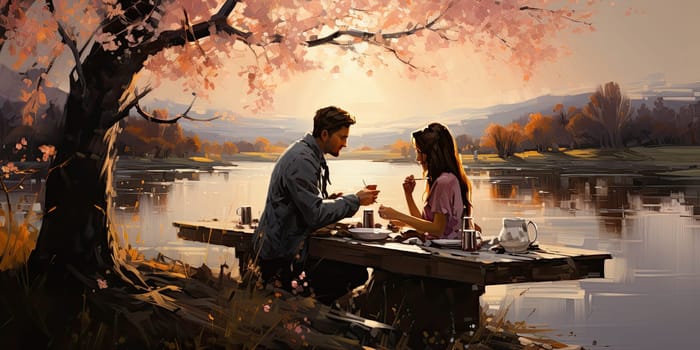 Couple in love on a white plaid take a picnic against the backdrop of a sunset in the mountains. Romantic time. Beautiful couple is enjoying picnic time at sunset. Copy space.