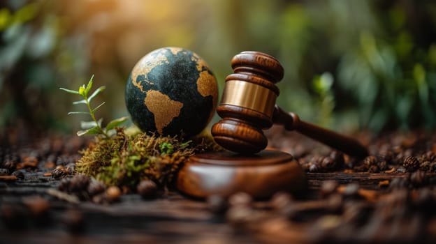 Gavel and green eco Earth globe, international law and green energy concept. Generative AI.