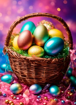 Basket with Easter eggs. Selective focus. Food.