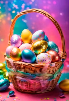 Basket with Easter eggs. Selective focus. Food.